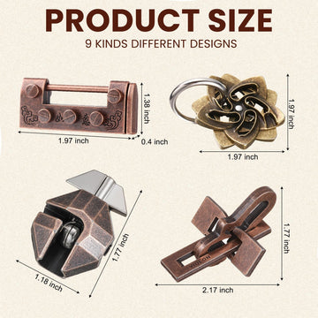 Wettarn metal brain teaser collection showing interlocking shapes for cognitive warm-up.