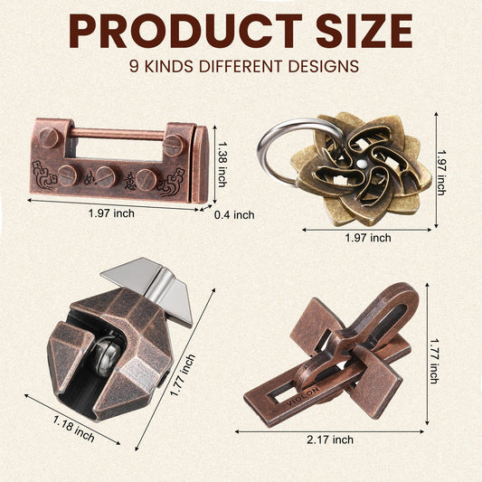 Wettarn metal brain teaser collection showing interlocking shapes for cognitive warm-up.