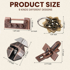 Wettarn metal brain teaser collection showing interlocking shapes for cognitive warm-up.