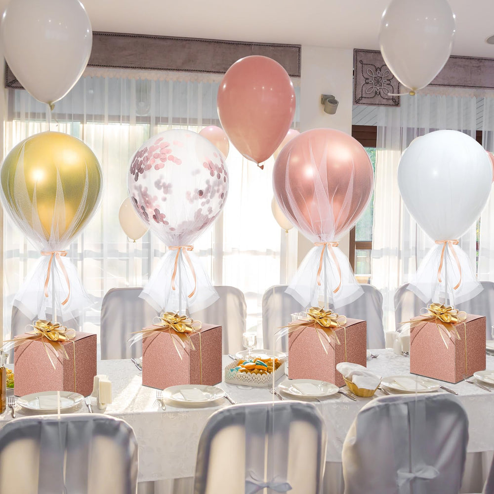 Wettarn rose gold confetti balloons with tulle tutu setup for an elegant table centerpiece.