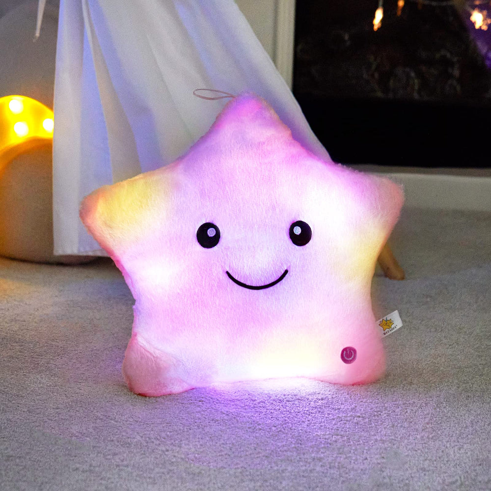 WEWILL Twinkle Star plush pillow with embroidered eyes is safe for kids' play.