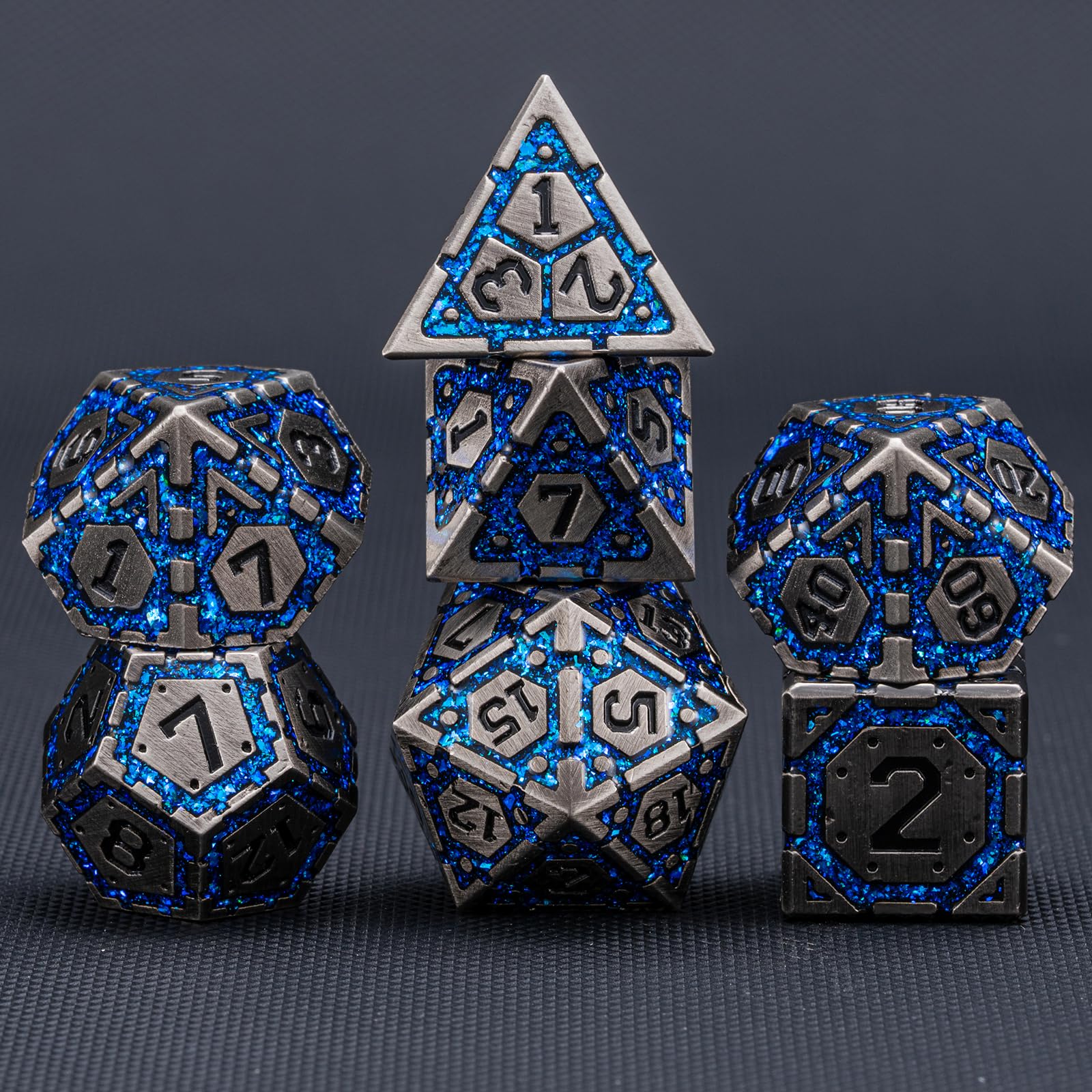 Weyano antique nickel blue dice set shows the percentile die for precise tabletop gameplay.