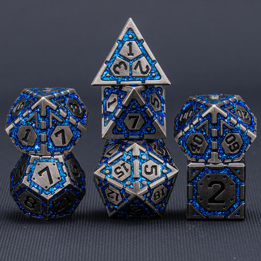 Weyano antique nickel blue dice set shows the percentile die for precise tabletop gameplay.