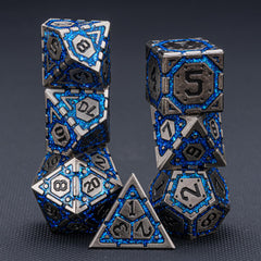 Weyano DND metal dice set detailed craftsmanship macro highlights engraving and finish on each die.