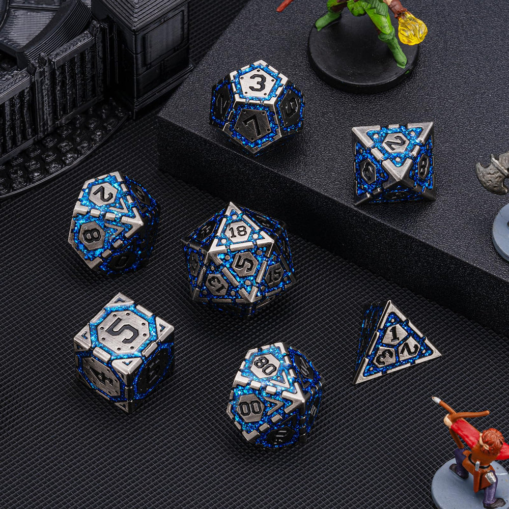 Weyano DND metal dice set weighty zinc alloy feel solid during rolls on table.