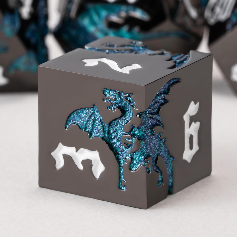 weyano Sharp Edge DND dragon dice set with dragon motif for immersive tabletop gameplay.
