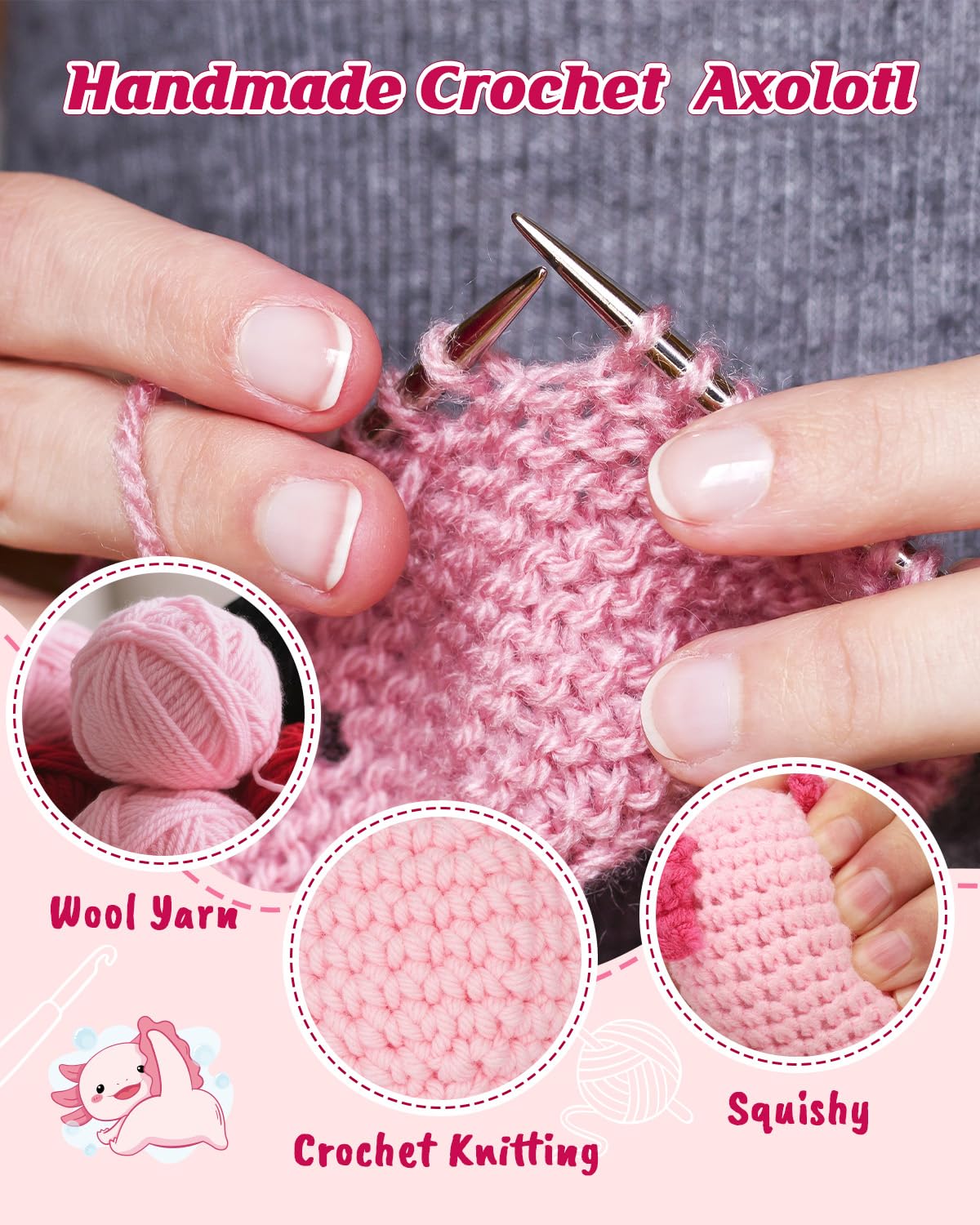 WEYON axolotl plush close-up yarn texture reveals craftsmanship
