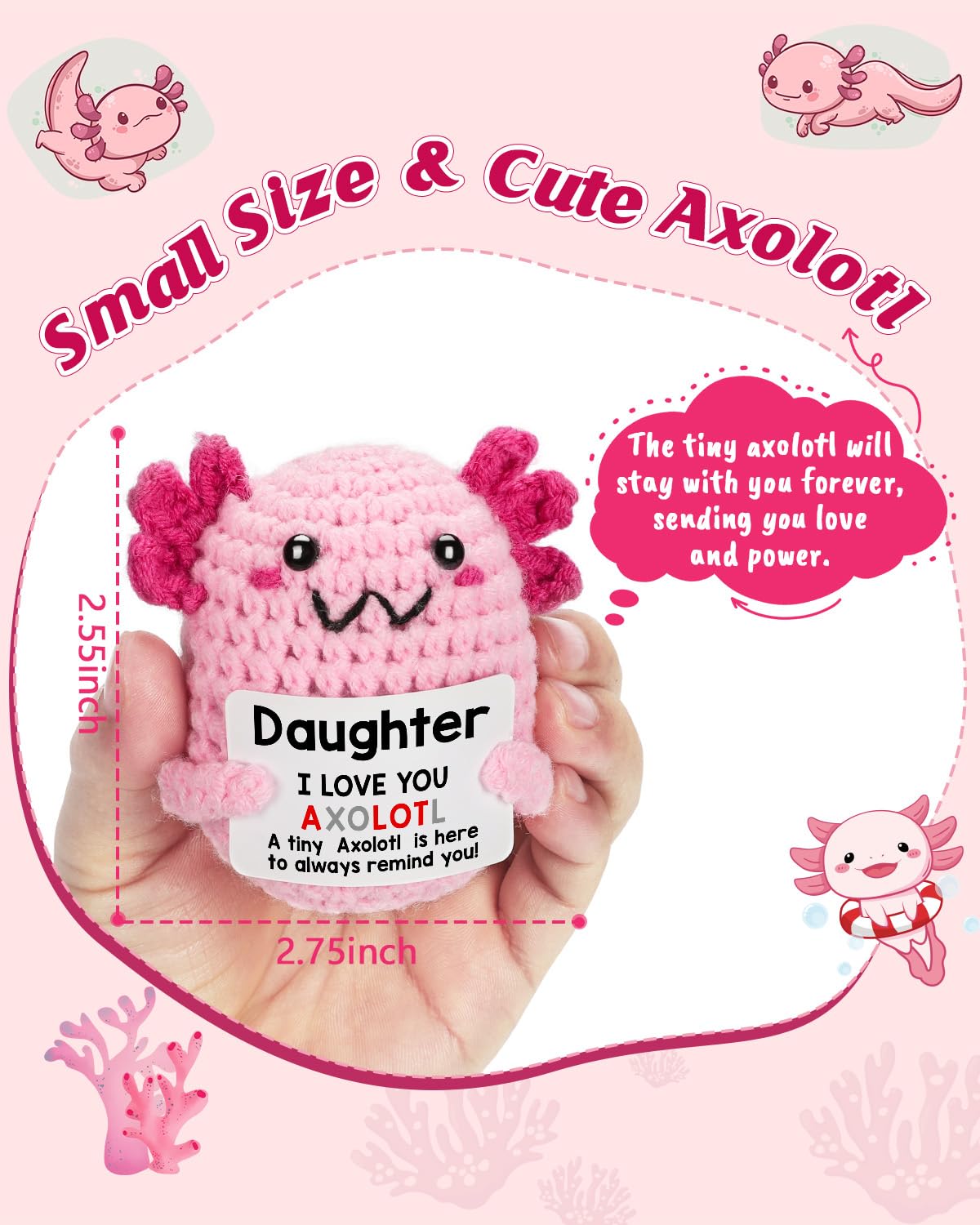 WEYON axolotl plush crochet side view highlights portable size