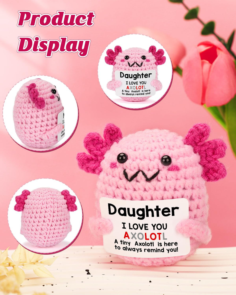 WEYON axolotl plush with message card offering daily encouragement