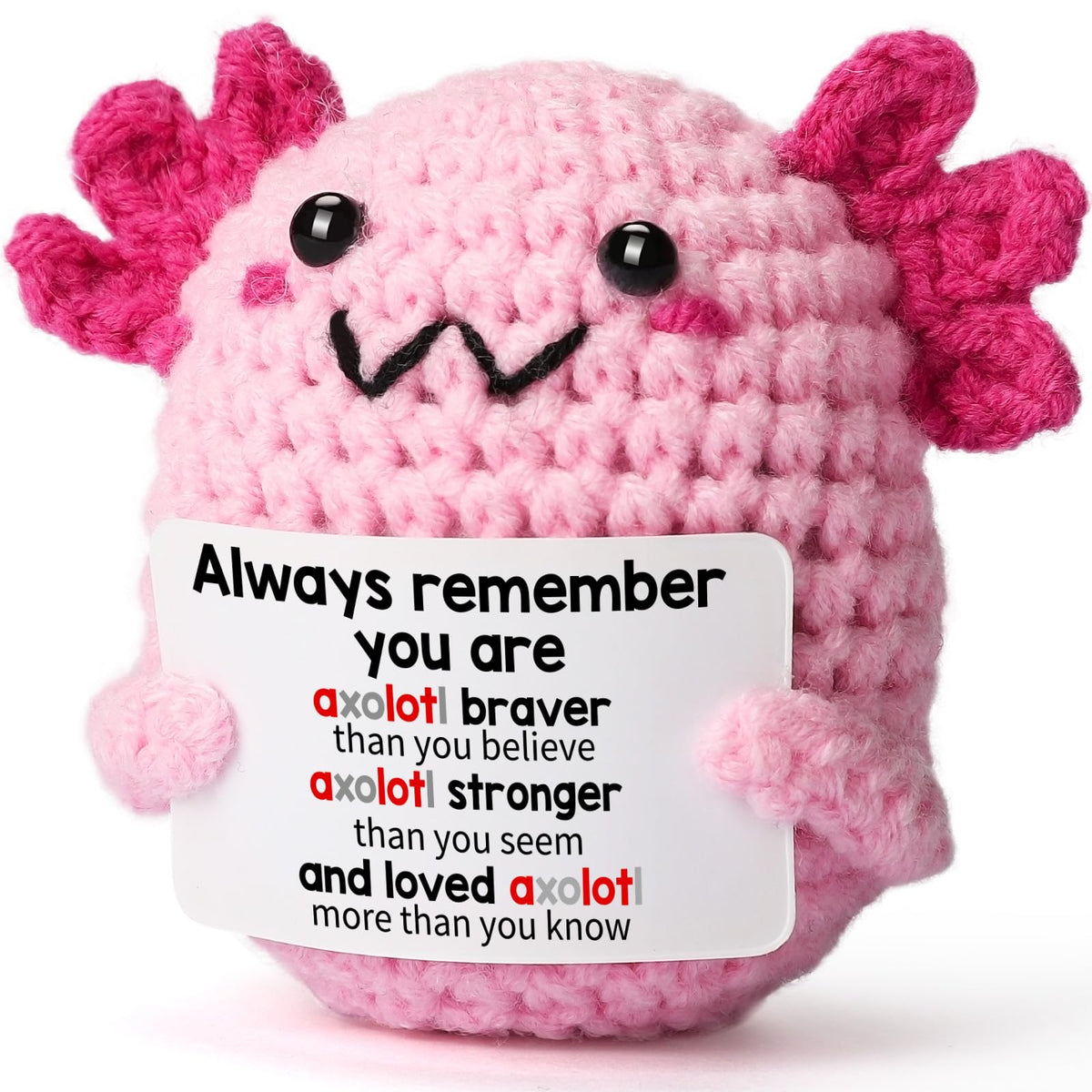 WEYON crochet axolotl plush on pink desk display, a charming study companion