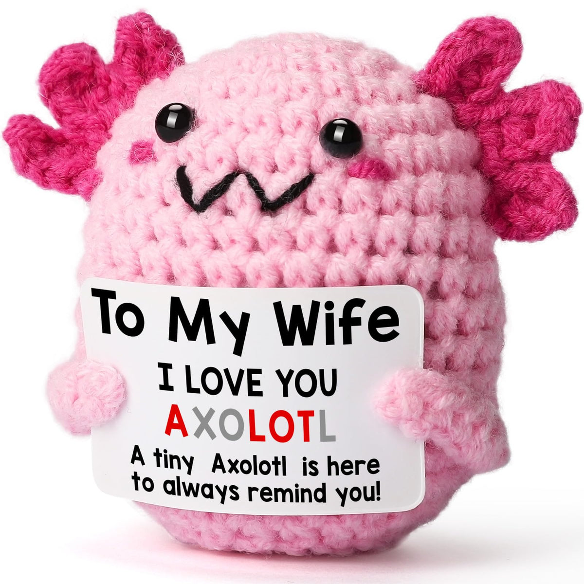 WEYON mini crochet axolotl with card—a thoughtful pocket gift idea.