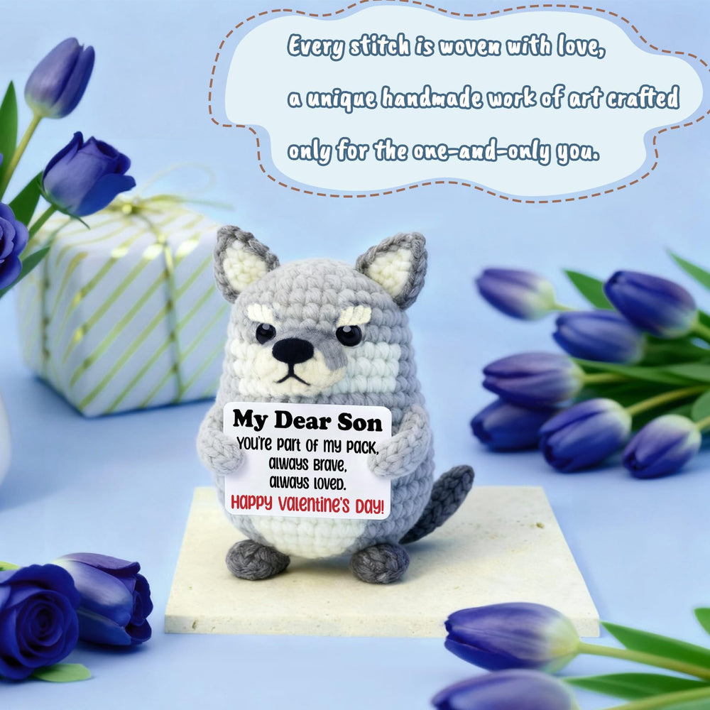 WEYON wolf plush stands about 3 inches, ideal for compact desk decor.