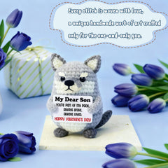 WEYON wolf plush stands about 3 inches, ideal for compact desk decor.