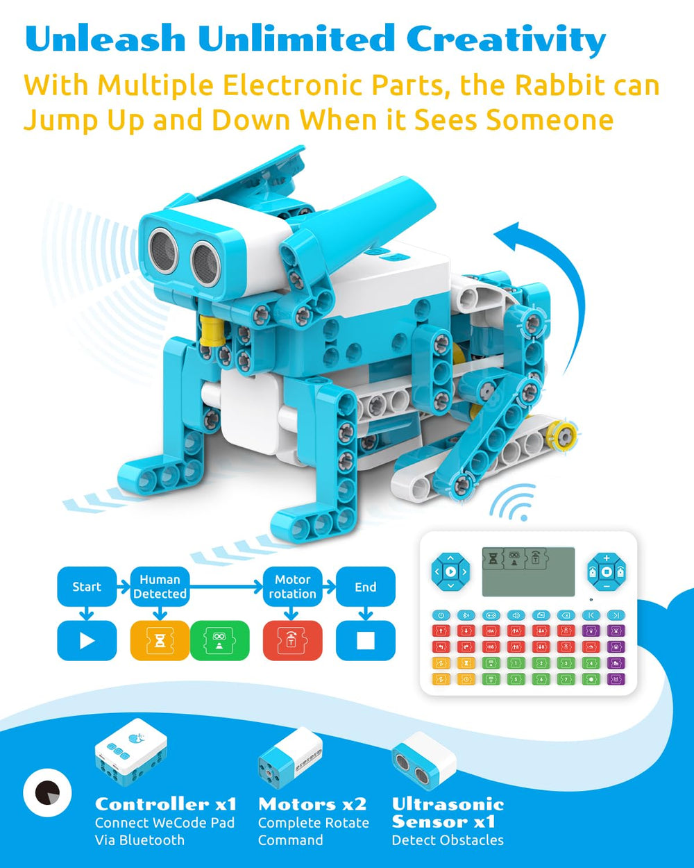 Screen-free programming via WeCode Pad for comfortable learning sessions.