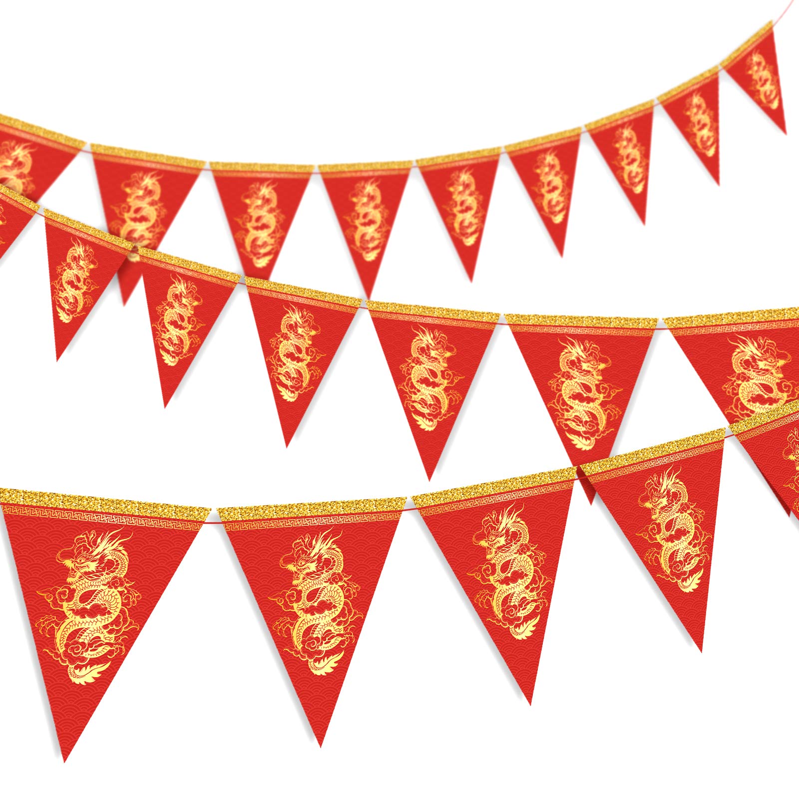 Whaline dragon pennant banner with red gold glitter edge for Lunar New Year décor.