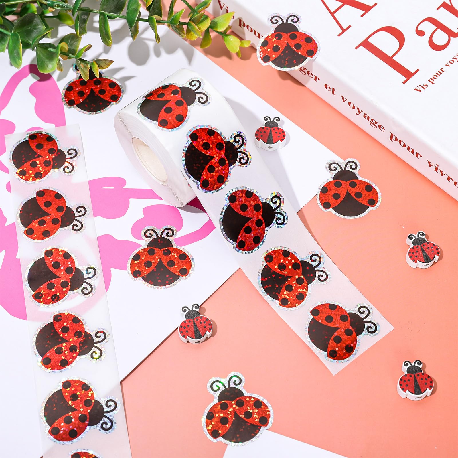 Whaline ladybug stickers on notes add playful decor and quick decoration.