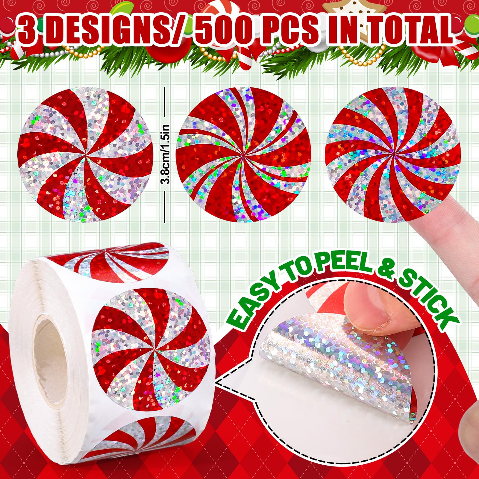 Whaline red peppermint candy design stickers for envelopes and gifts