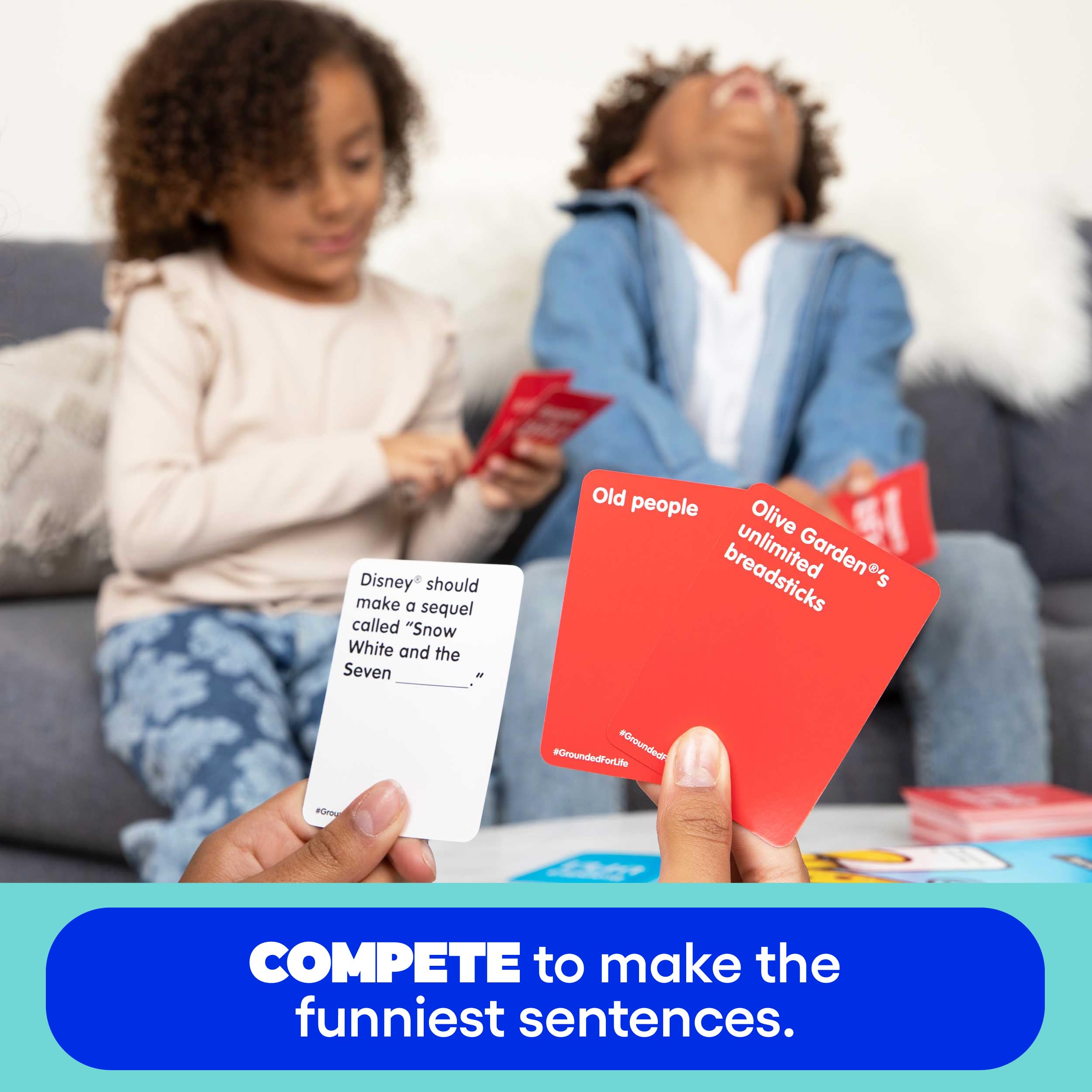 WHAT DO YOU MEME Grounded for Life question cards spread with playful prompts