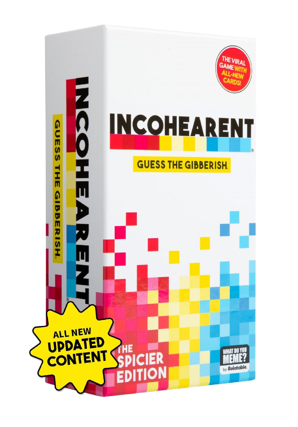 WHAT DO YOU MEME? Incohearent box front for travel-friendly party game nights.