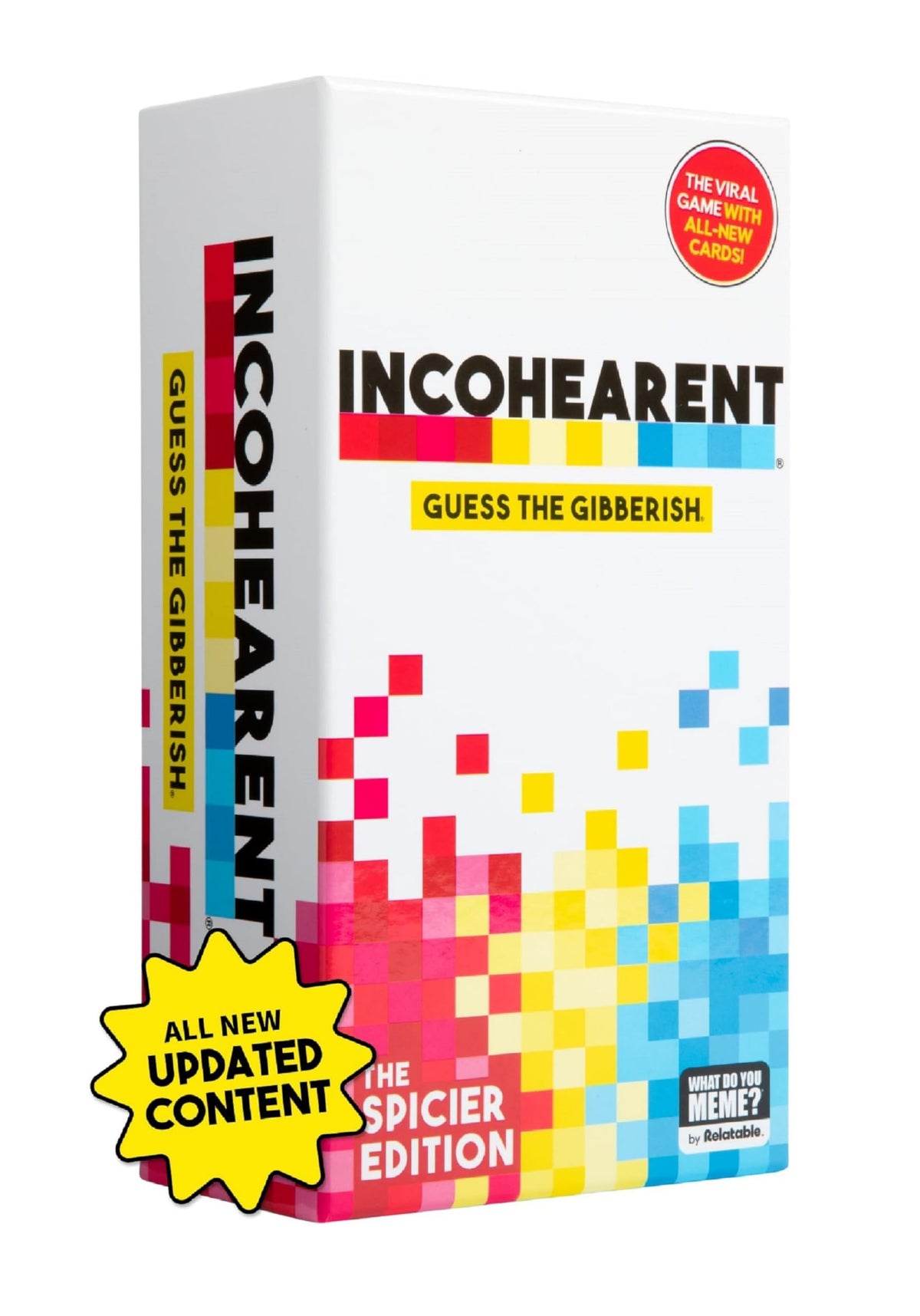 WHAT DO YOU MEME? Incohearent box front for travel-friendly party game nights.