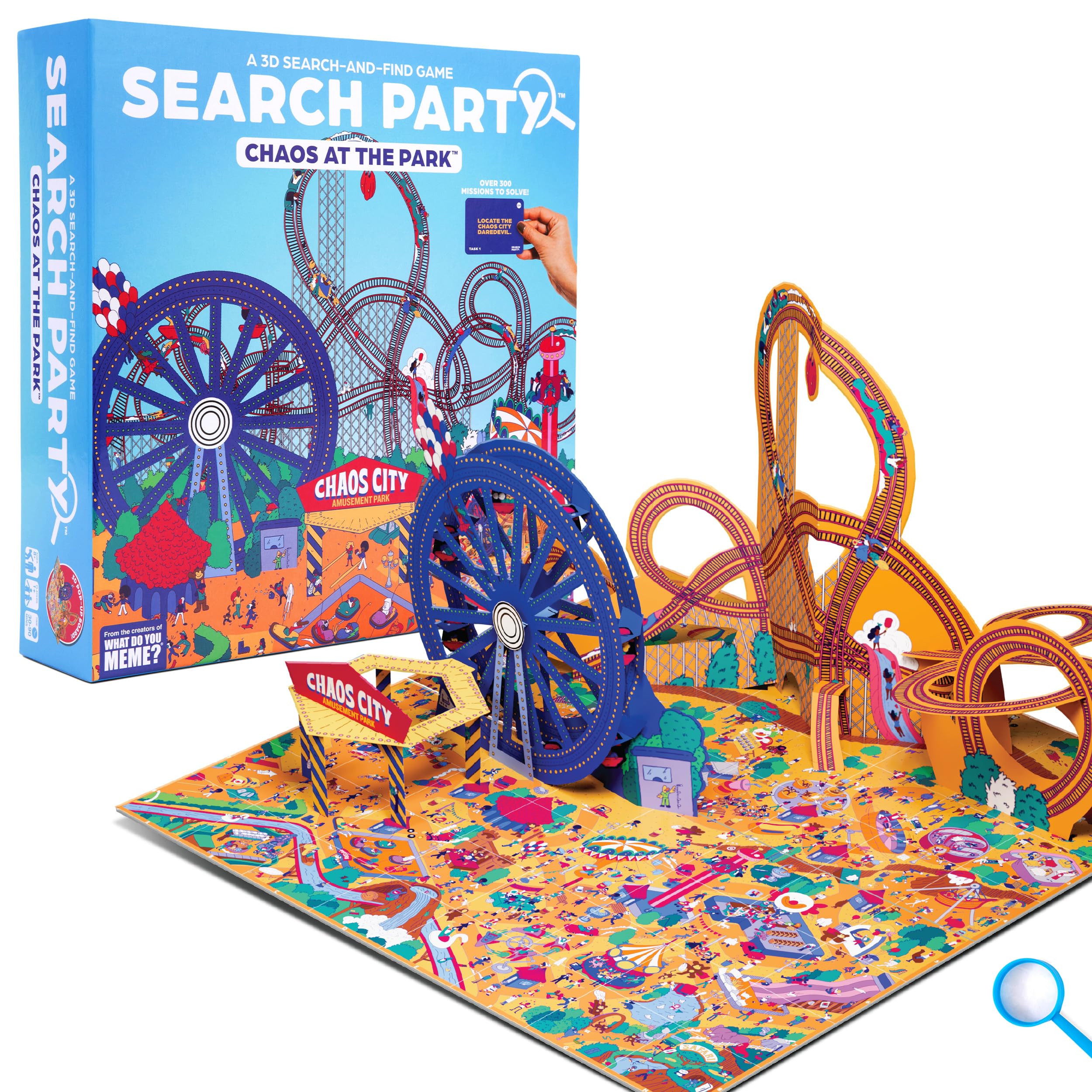 What Do You Meme? Search Party Chaos at the Park 3D board ready for family game night.
