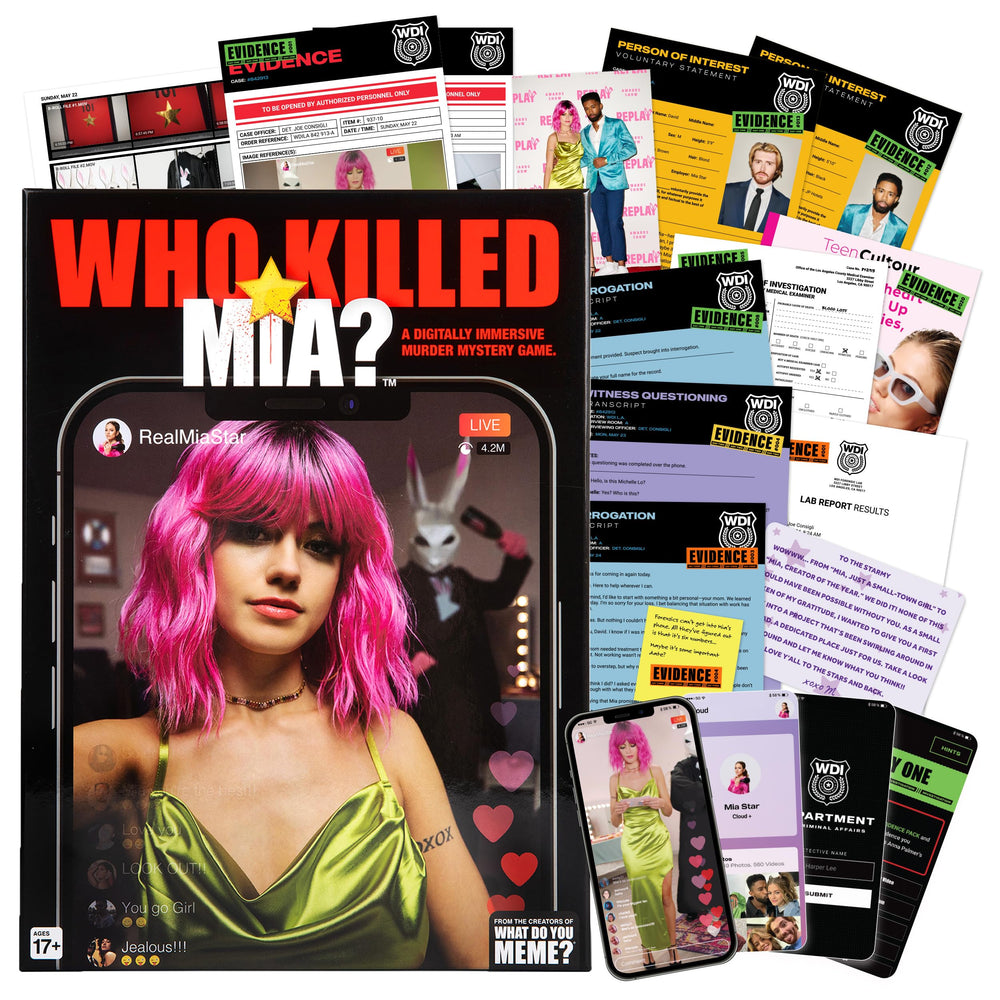 What Do You Meme? Who Killed Mia box cover for an engaging mystery party night