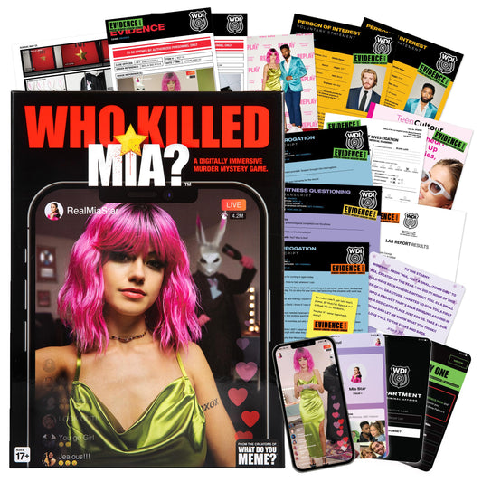 What Do You Meme? Who Killed Mia box cover for an engaging mystery party night