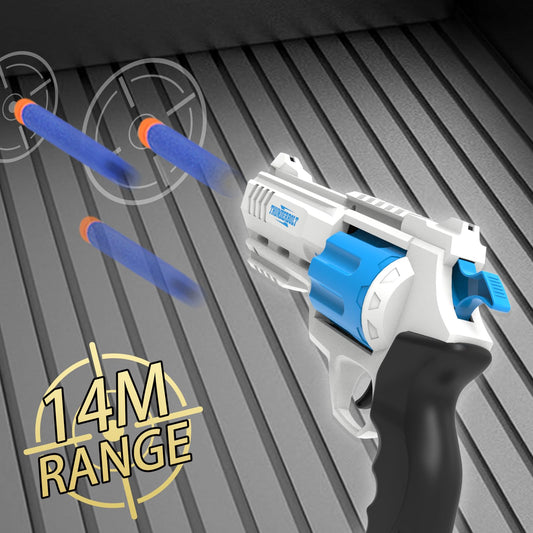 Whatstem revolver-style foam dart blaster with quick side reload action.