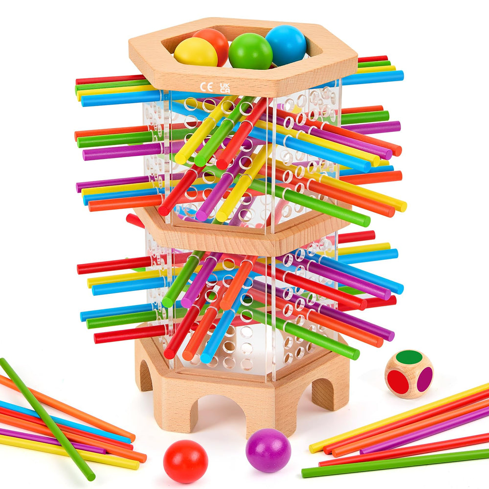 WhimsiPlay Montessori wooden board game with colorful sticks for fine motor play.