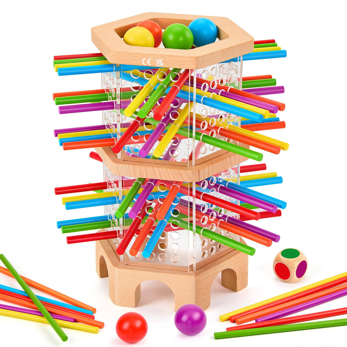 WhimsiPlay Montessori wooden board game with colorful sticks for fine motor play.