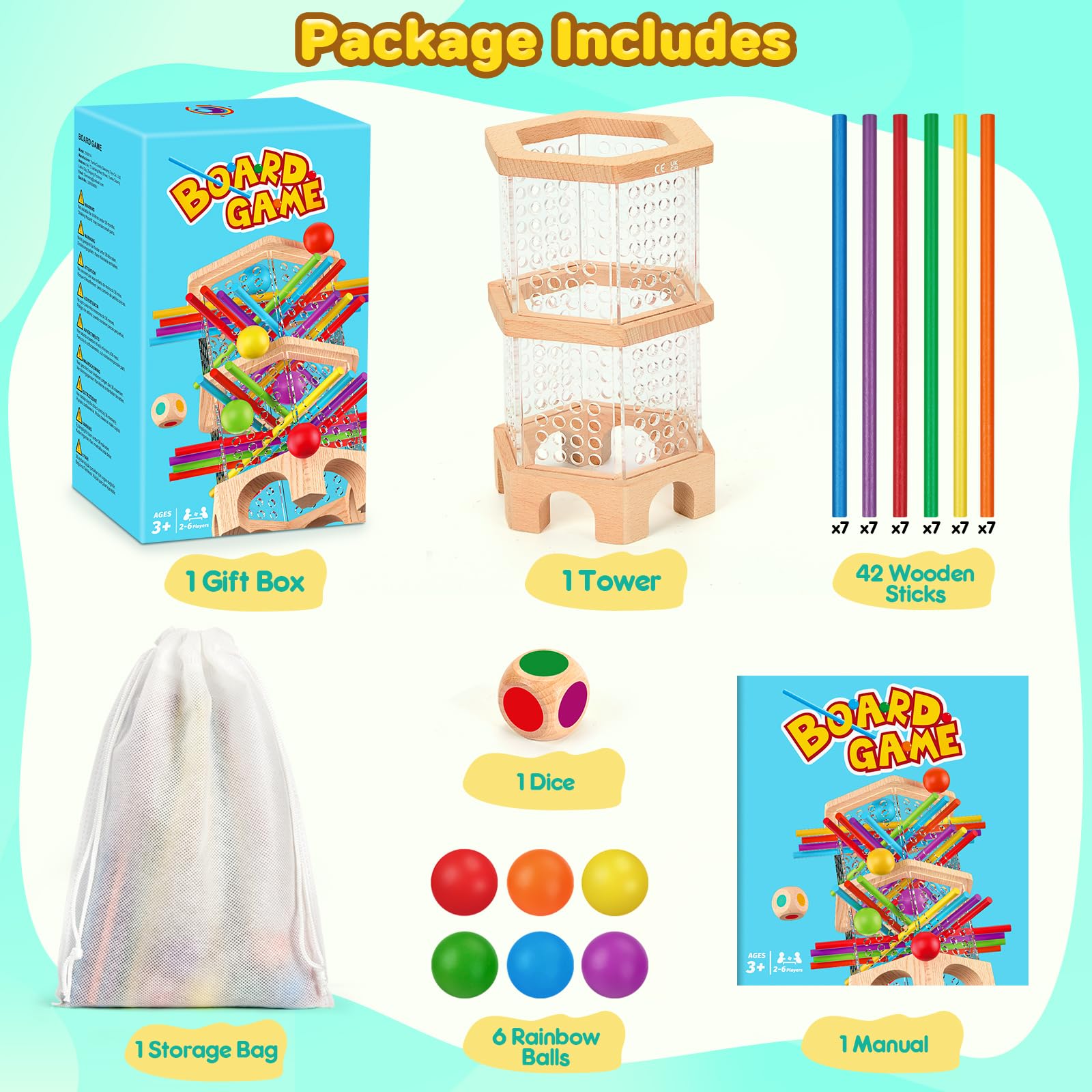 WhimsiPlay seven-piece set includes sticks, balls, tower, and dice.