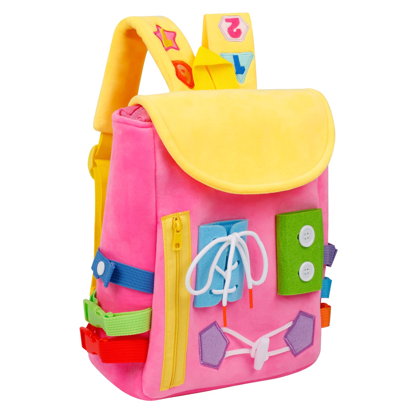 WHITE DOLPHIN TOYS Busy Board Backpack with buckles for toddlers to explore safely.