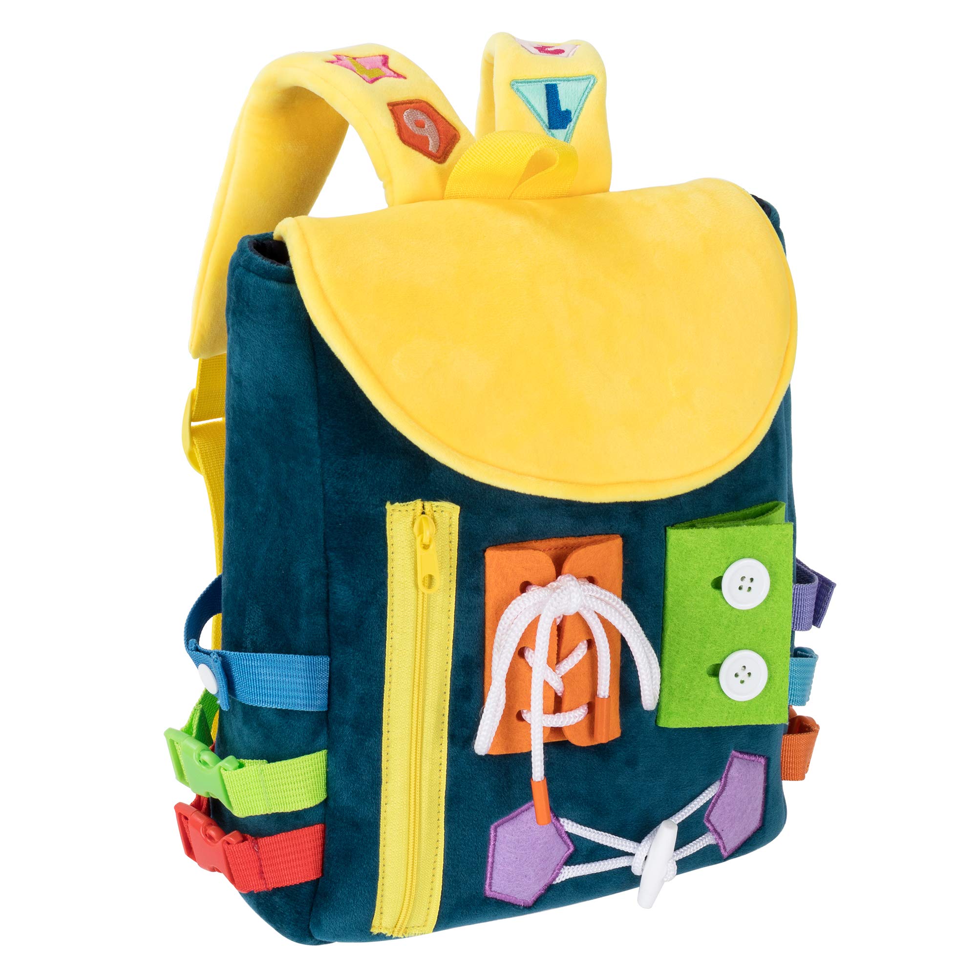 White Dolphin Toys Busy Board backpack with buckles supports fine motor development during play