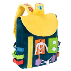 White Dolphin Toys Busy Board backpack with buckles supports fine motor development during play