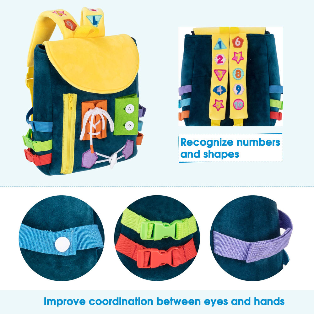 White Dolphin Toys Busy Board showing shoe-tying features for early independence