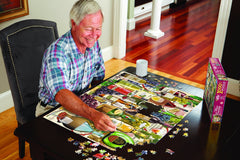White Mountain Friends in Autumn puzzle featuring a cat on steps for cozy gatherings.