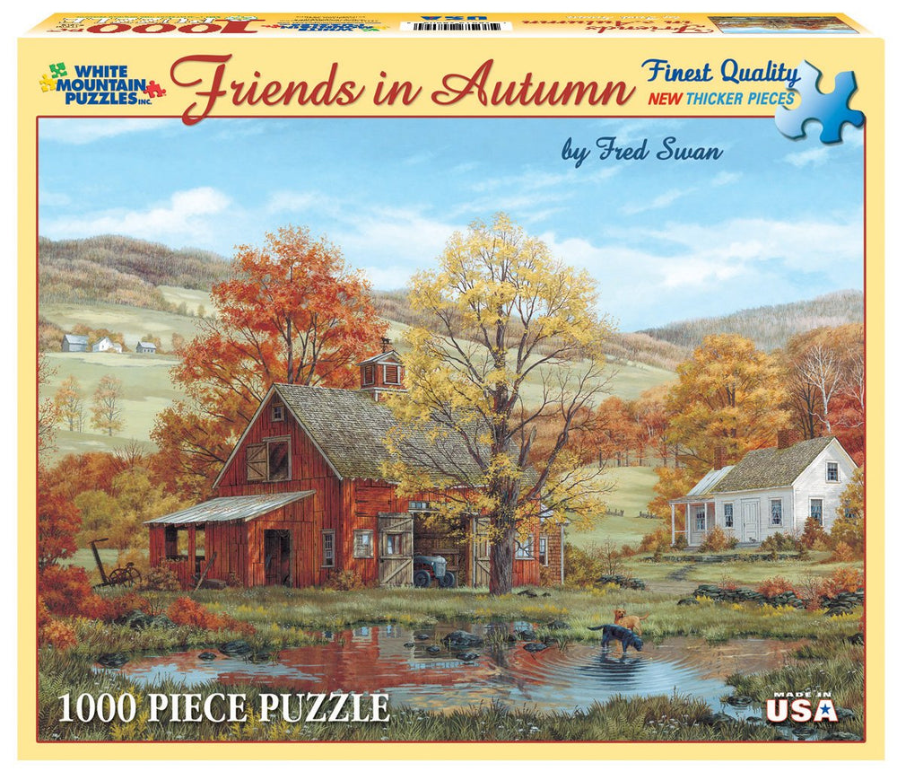 White Mountain Friends in Autumn puzzle showing labs at a pond for relaxing evenings.