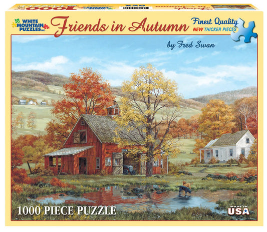White Mountain Friends in Autumn puzzle showing labs at a pond for relaxing evenings.