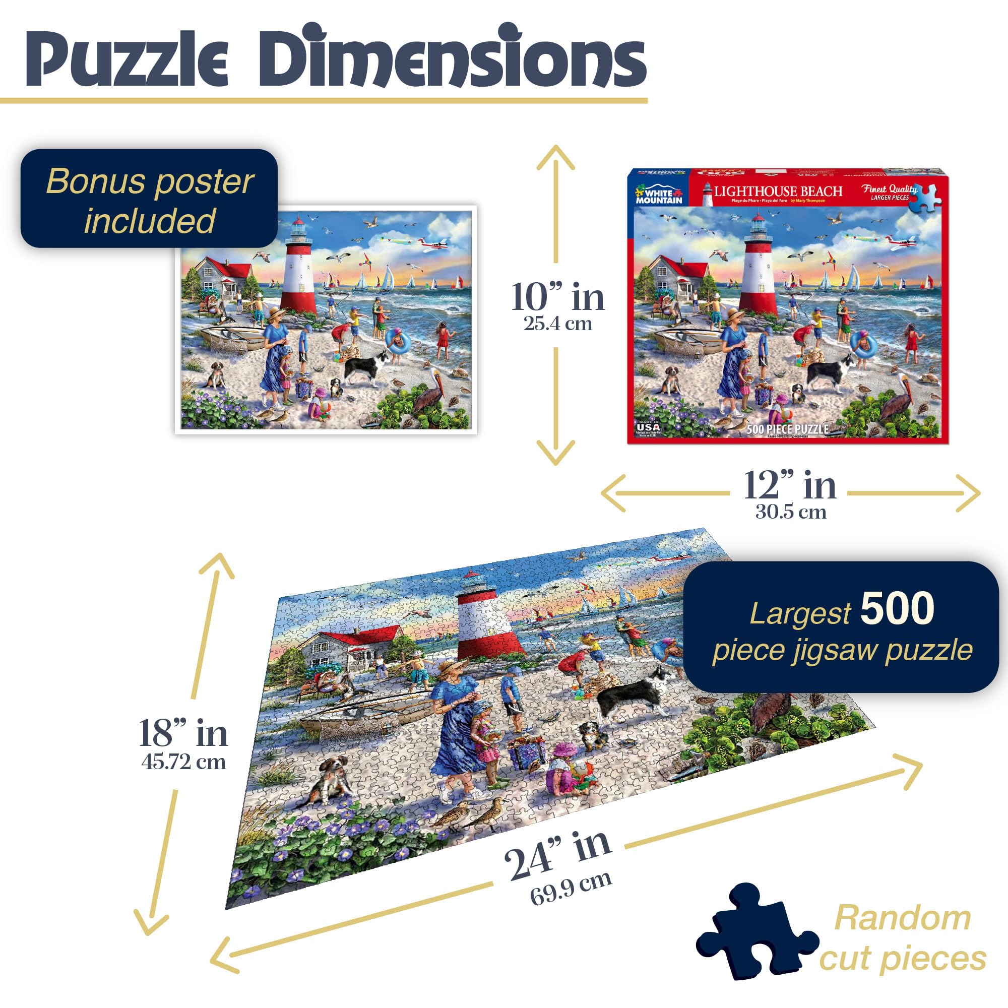 White Mountain puzzle pieces arranged on table for Lighthouse Beach puzzle