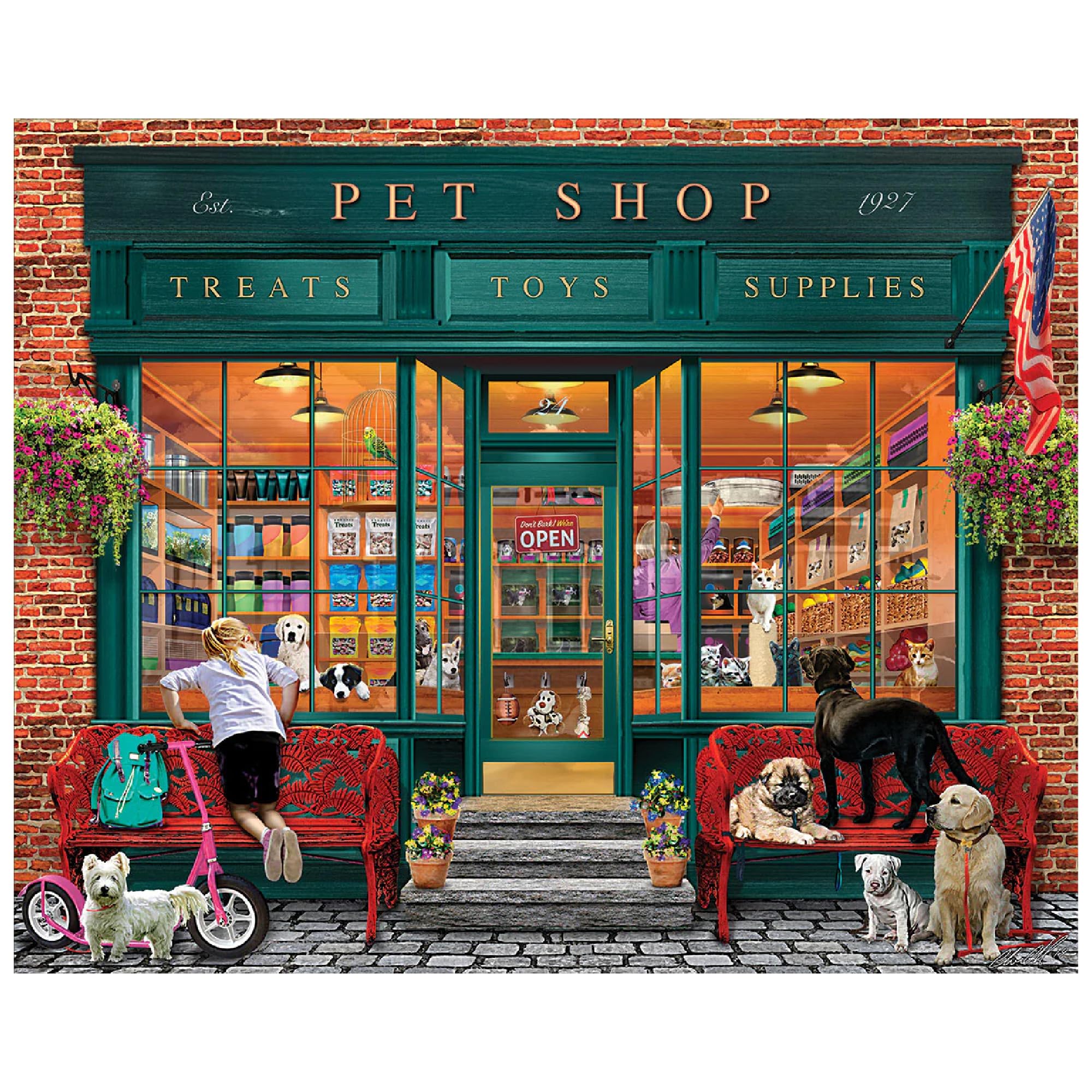 White Mountain local pet store scene puzzle delivers warm nostalgia for family puzzle nights.