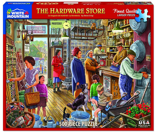 White Mountain Puzzles The Hardware Store tools and shelves detail sparks exploration.