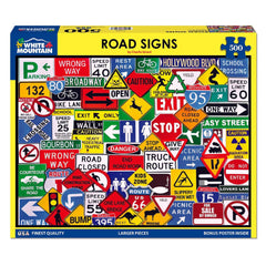 White Mountain Road Signs 500pc puzzle collage is eye-catching for living room display.