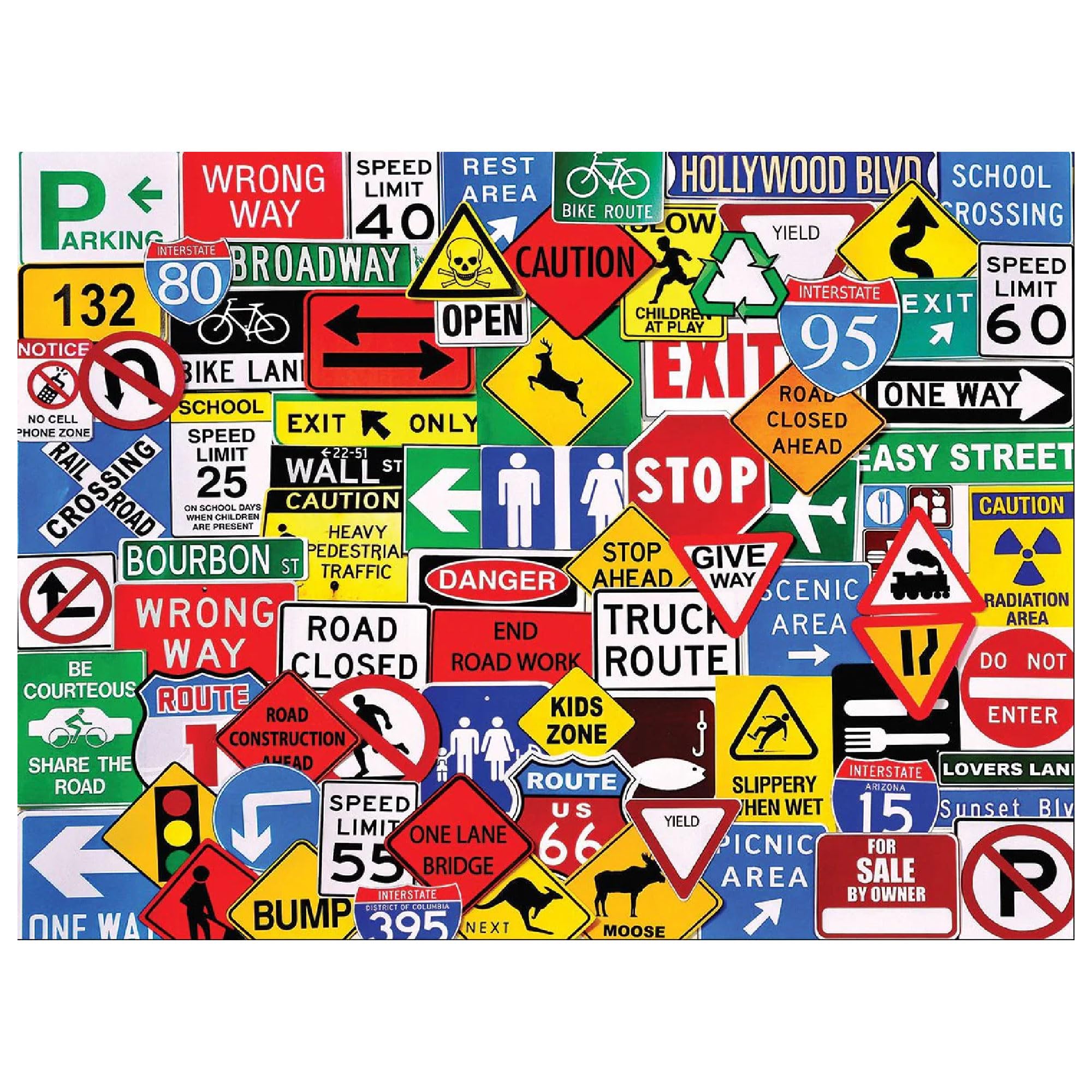 White Mountain Road Signs 500pc puzzle front view with vibrant road-sign collage for family time.