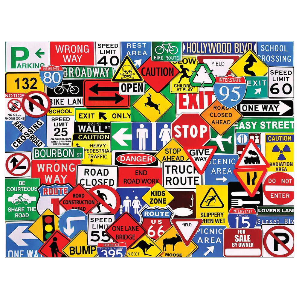 White Mountain Road Signs 500pc puzzle front view with vibrant road-sign collage for family time.