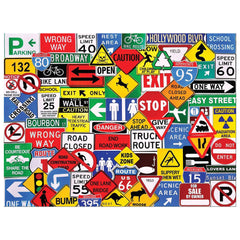 White Mountain Road Signs 500pc puzzle front view with vibrant road-sign collage for family time.