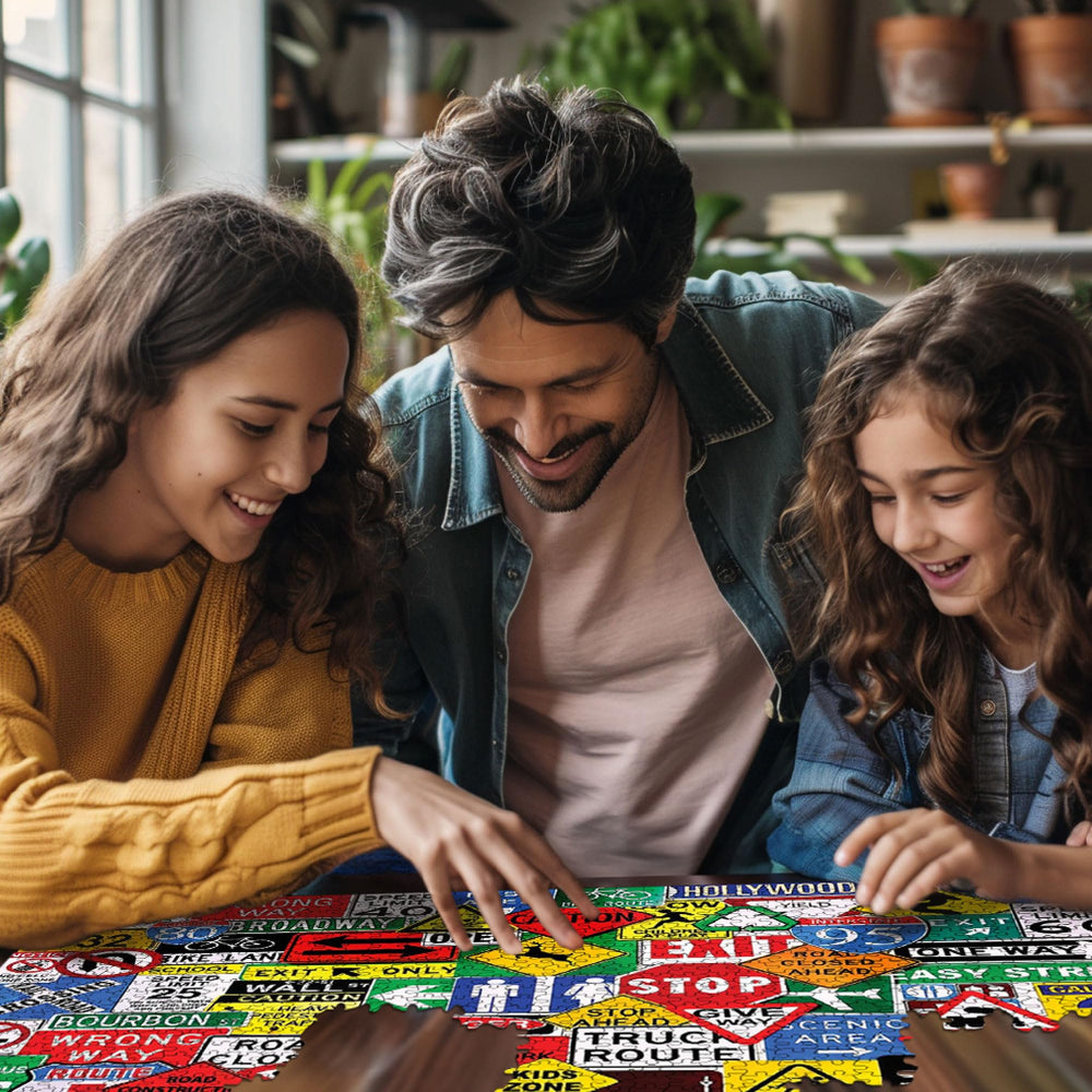 White Mountain Road Signs 500pc puzzle piece close-up highlights easy-to-handle parts.