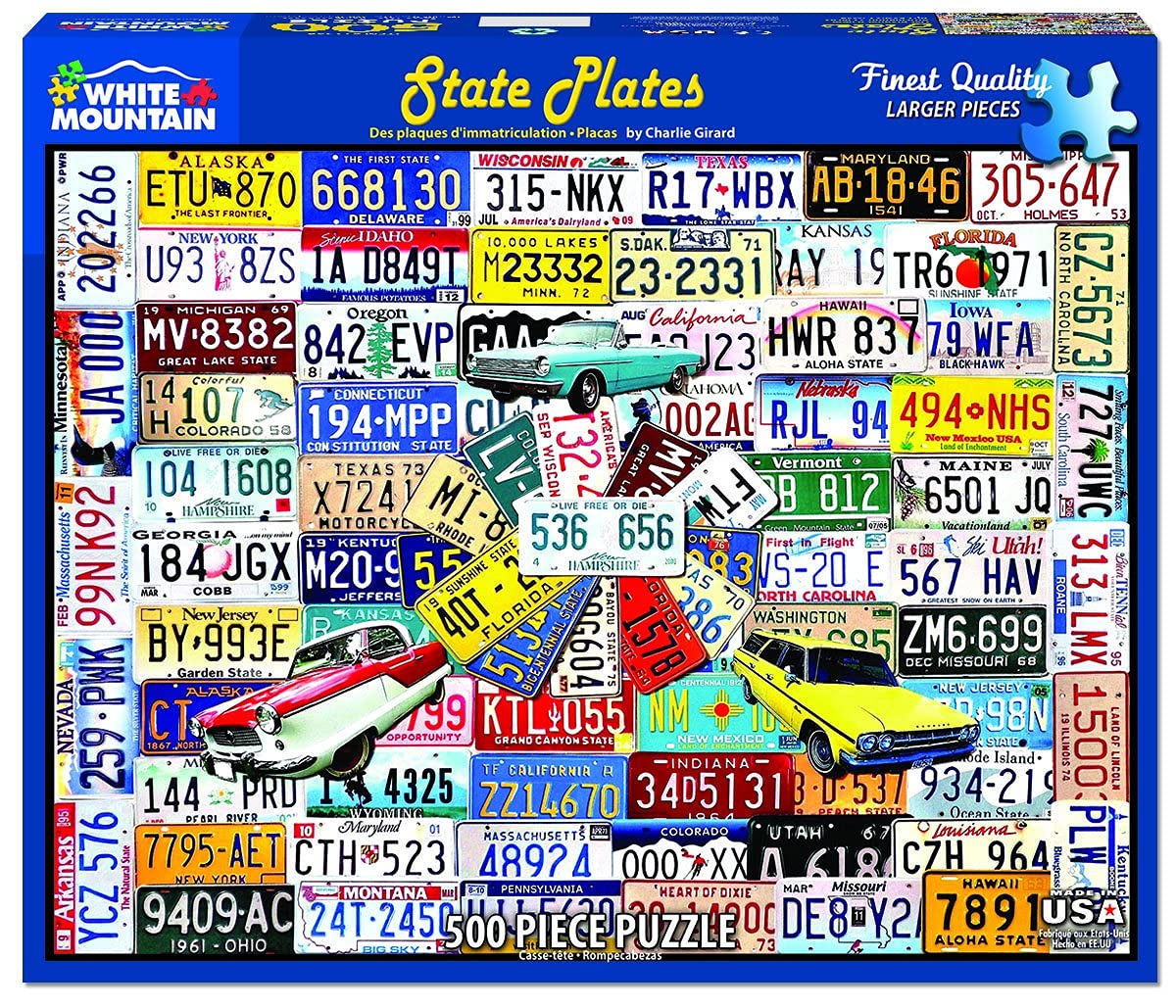 White Mountain State Plates collage detail showing classic car imagery for nostalgic puzzle lovers