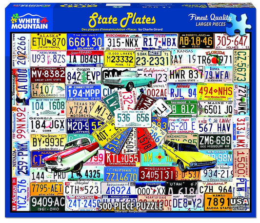 White Mountain State Plates collage detail showing classic car imagery for nostalgic puzzle lovers
