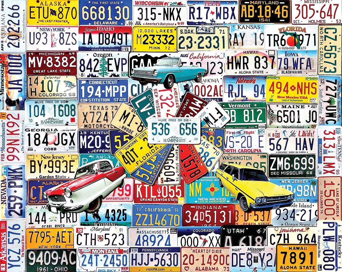 White Mountain State Plates puzzle cover with vintage license plates, ideal for collectors