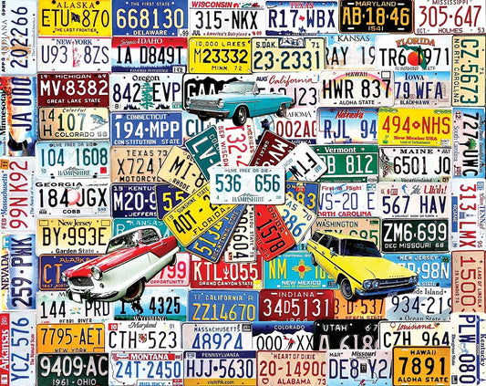 White Mountain State Plates puzzle cover with vintage license plates, ideal for collectors